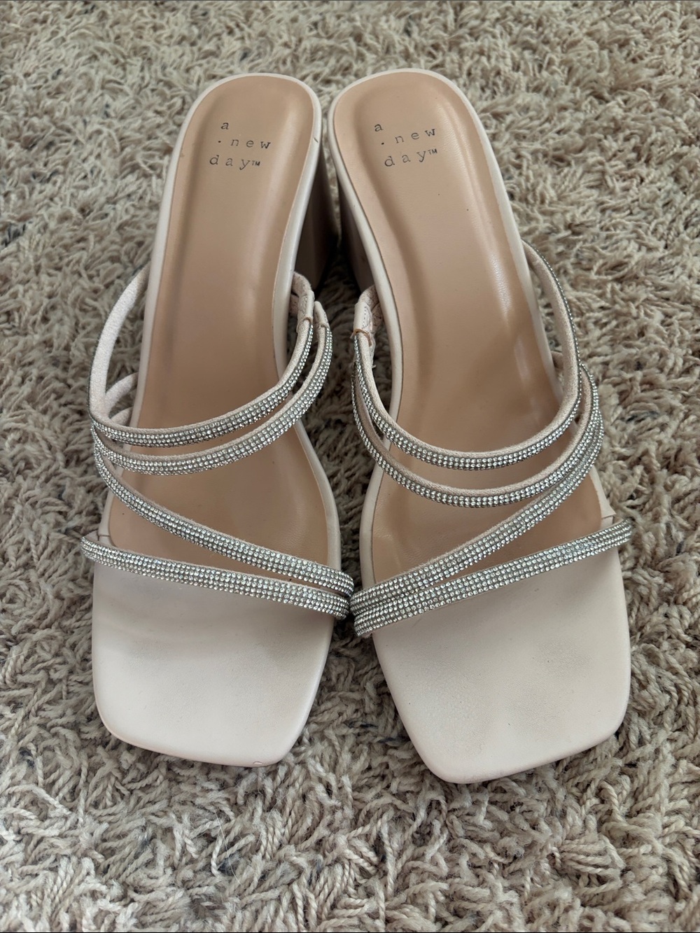 a new day Cream Rhinestone-Strap Square-Toe Slide Heels